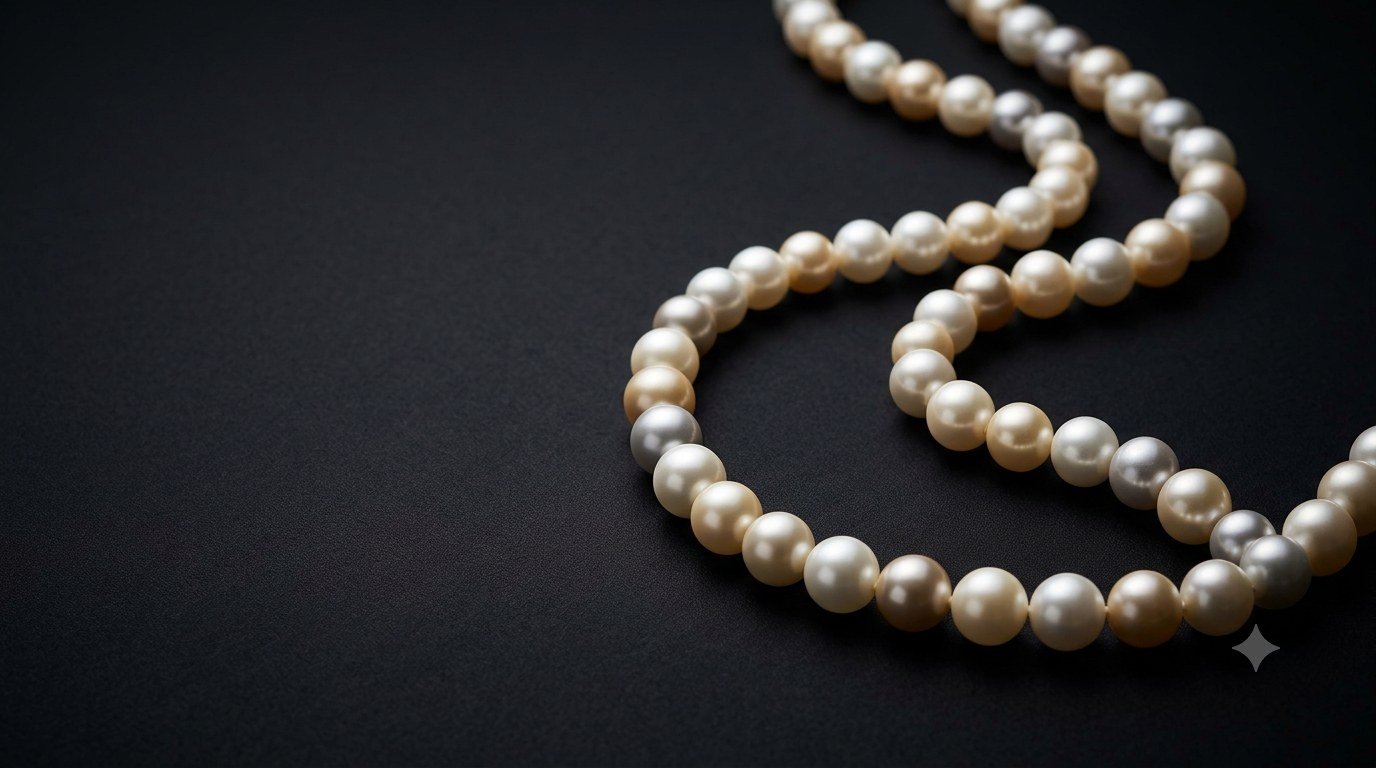 Close-up of a premium Nobilis pearl strand against a dark background