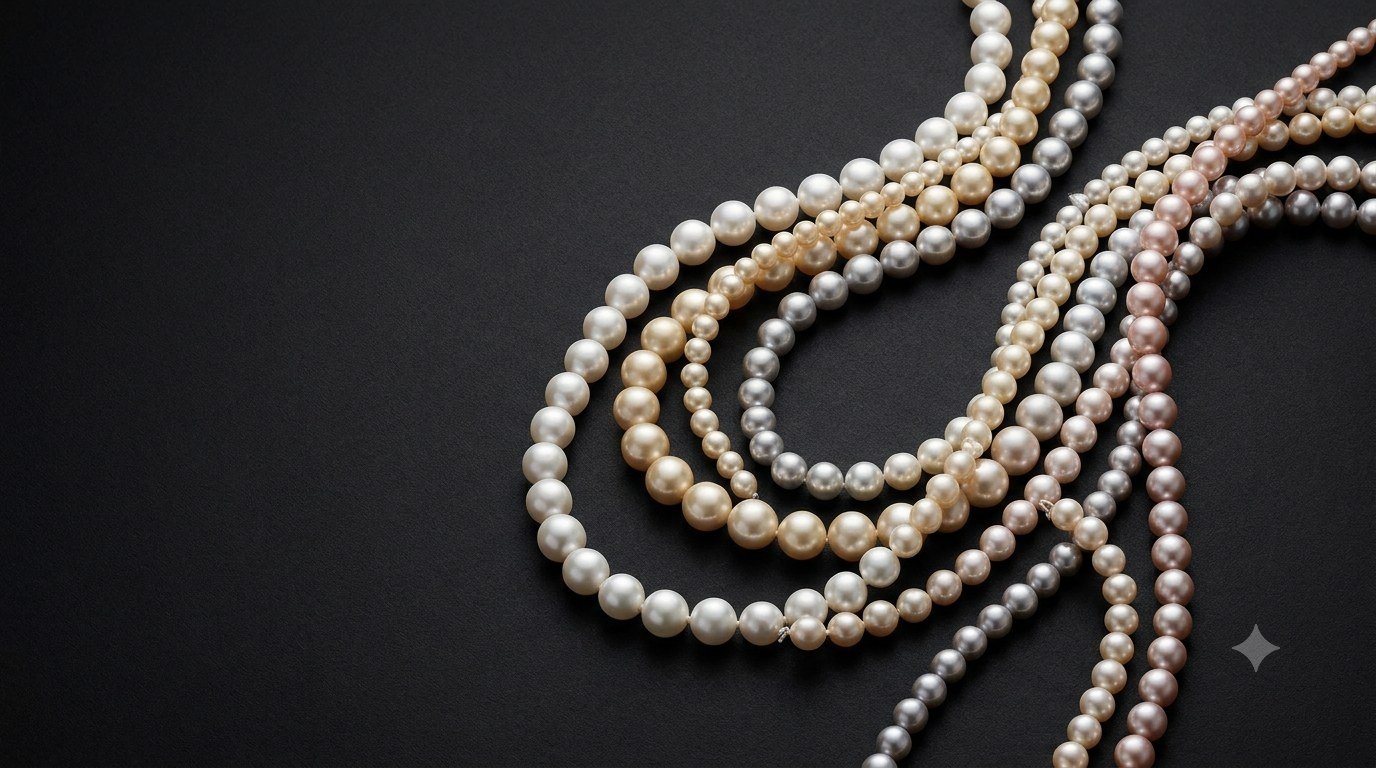 Editorial arrangement of multiple premium Nobilis pearl strands